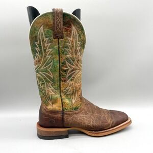 Ariat Mens 7.5D Western Cowboy Boots Brown Green Leather Square Toe Rugged Boho